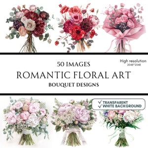 50 Clipart of Floral Bouquet images - Watercolor style - Romantic Vintage flowers - PNG format - on transparent/white background