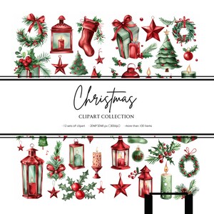 Clipart ensemble de lanternes de Noël, feuilles de houx, étoiles, bas, bougies, cadeaux / aquarelle