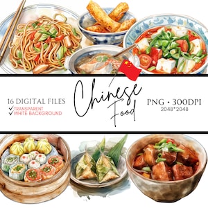 Ilustrações em aquarela de comida chinesa, como dim sum, Chow Mein, carne de porco assada, Zongzi, sopa de barbatana de tubarão, Xiaolongbao - formato PNG