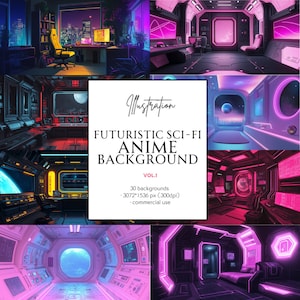 Könnte beinhalten: Ein Set mit 30 futuristischen Sci-Fi-Anime-Hintergründen in verschiedenen Farben und Stilen. Die Hintergründe zeigen Neonlichter, Weltraum-Szenen und futuristische Stadtlandschaften. Die Hintergründe sind 3072 x 1536 Pixel groß und haben eine Auflösung von 300 dpi. Sie sind für kommerzielle Zwecke bestimmt.