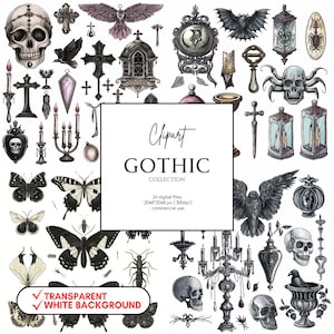 May include: A collection of 24 gothic clipart images, including skulls, butterflies, candles, crosses, and other spooky elements. The images are in black and white and have a vintage, hand-drawn style. The text "Clipart Gothic Collection" is visible in the center of the image.