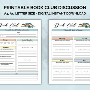 Printable Book Club Discussion, Book Review, Book Club Printables, Digital Download PDF