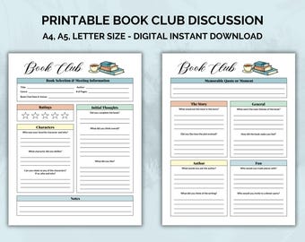 Printable Book Club Discussion, Book Review, Book Club Printables, Digital Download PDF