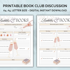 Printable Book Club Discussion, Book Review, Book Club Printables, Digital Download PDF, Ladies Book Club, Champagne Book Club, Sparkling