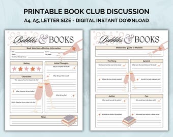 Printable Book Club Discussion, Book Review, Book Club Printables, Digital Download PDF, Ladies Book Club, Champagne Book Club, Sparkling