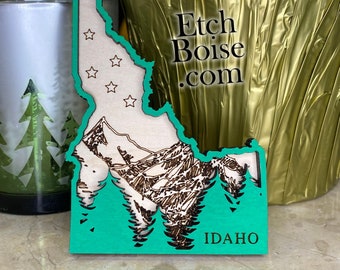 Idaho State Shaped Ornament with Trees & Mountains