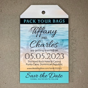 Beach luggage tag save the date magnets, destination wedding save the dates