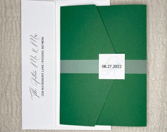 Green pocketfold wedding invitation with monogram