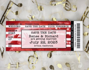 Wedding Save the Date concert ticket magnets with envelopes