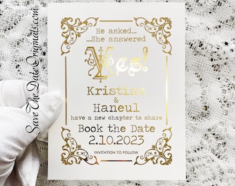 Gold foil save the date cards - book theme