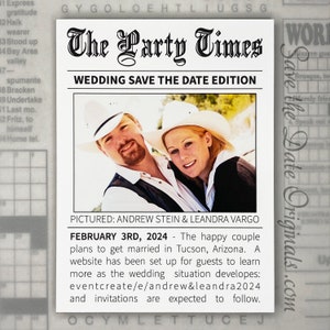 Newspaper announcement style save the date magnet