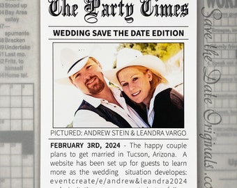 Newspaper announcement style save the date magnet