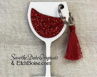 Red wine glass keychain with Wine O'Clock engraving