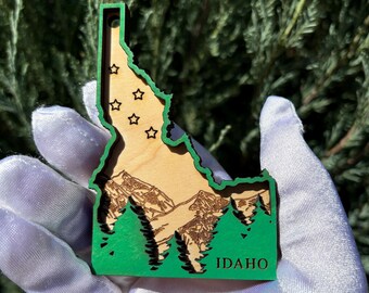 Idaho State Shaped Ornament with Trees & Mountains