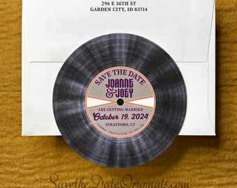 Retro record wedding save the date magnets