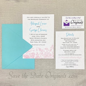 May include: Save the date card with a floral design and the names Abbigail Levine and George Clemons. The card is printed on plantable paper and includes details for the wedding ceremony and reception. The text on the card reads "You are cordially invited to the marriage ceremony of Abbigail Levine and George Clemons 1:30 in the afternoon June 10th, 2023 Saint Peter's Church 619 Lexington Ave New York, NY 10022 Reception to follow" and "Details 5pm Reception to follow Waldorf-Astoria 301 Park Ave New York, NY 10022 Where you can also call in for a discounted rate on a hotel room (800) 925-3673 under the Levine Clemons party Please reply by May 20th, 2023 via the website: Zola.com/wedding/Abby-and-George 2022 We look forward to celebrating with you! This is plantable paper - Plant seed paper under 1/8" of soil, water thoroughly, place in a sunny corner and keep moist during germination.  Save the Date Originals.com"