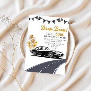 Convite de aniversário de carro clássico, convite para festa de carro antigo, cartão de aniversário retrô, papelaria para comemoração de aniversário