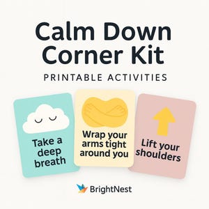 Op de afbeelding: Een "Calm Down Corner Kit" met printbare activiteiten. De kit bevat drie kaarten: "Adem diep in" met een wolk, "Wikkel je armen stevig om je heen" met gekruiste armen en "Til je schouders op" met een pijl omhoog.