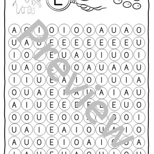 May include: Black and white illustration of an elephant with a magnifying glass over the letter E. The letter E is surrounded by a circle. The image is part of a larger worksheet with a grid of circles containing the letters A, E, I, O, and U.