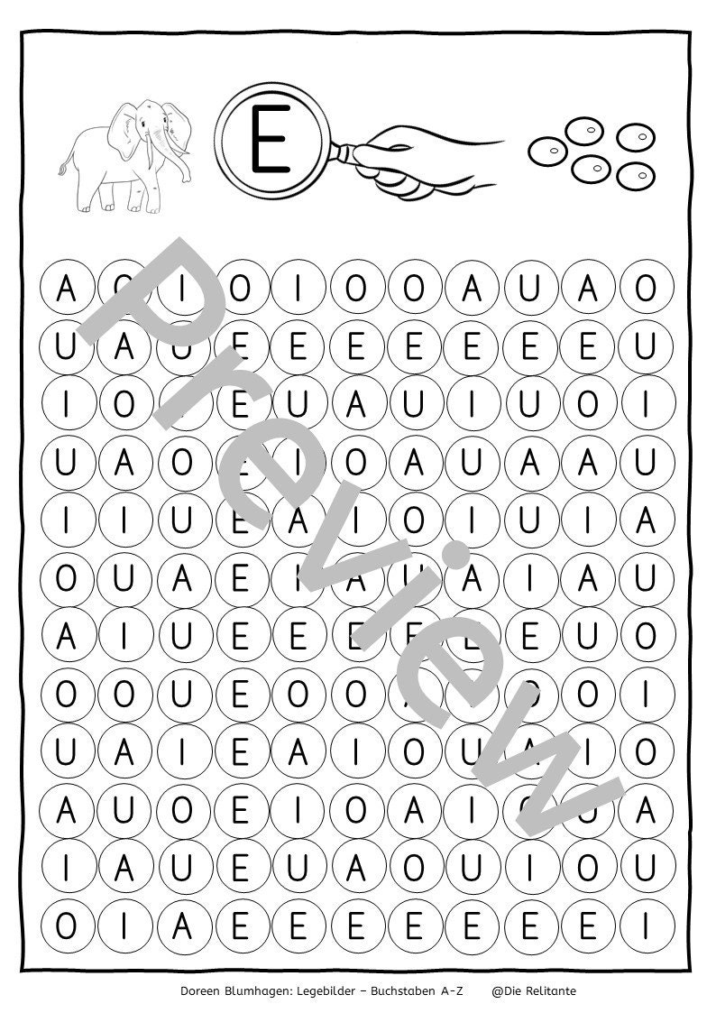 May include: Black and white illustration of an elephant with a magnifying glass over the letter E. The letter E is surrounded by a circle. The image is part of a larger worksheet with a grid of circles containing the letters A, E, I, O, and U.