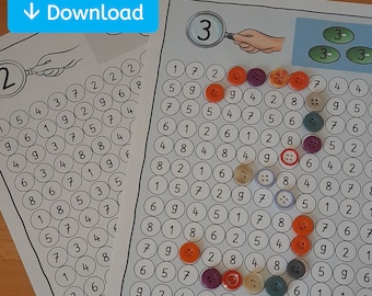 Number Learning Game 0-10: Search and Match Activity for Buttons / Glass Nuggets for Preschool & Elementary (Download, German, English)