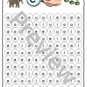 May include: A black and gray elephant illustration, a magnifying glass with the letter "e" inside, and five green circles representing peas. The letter "e" is repeated in a grid of white circles with black outlines.