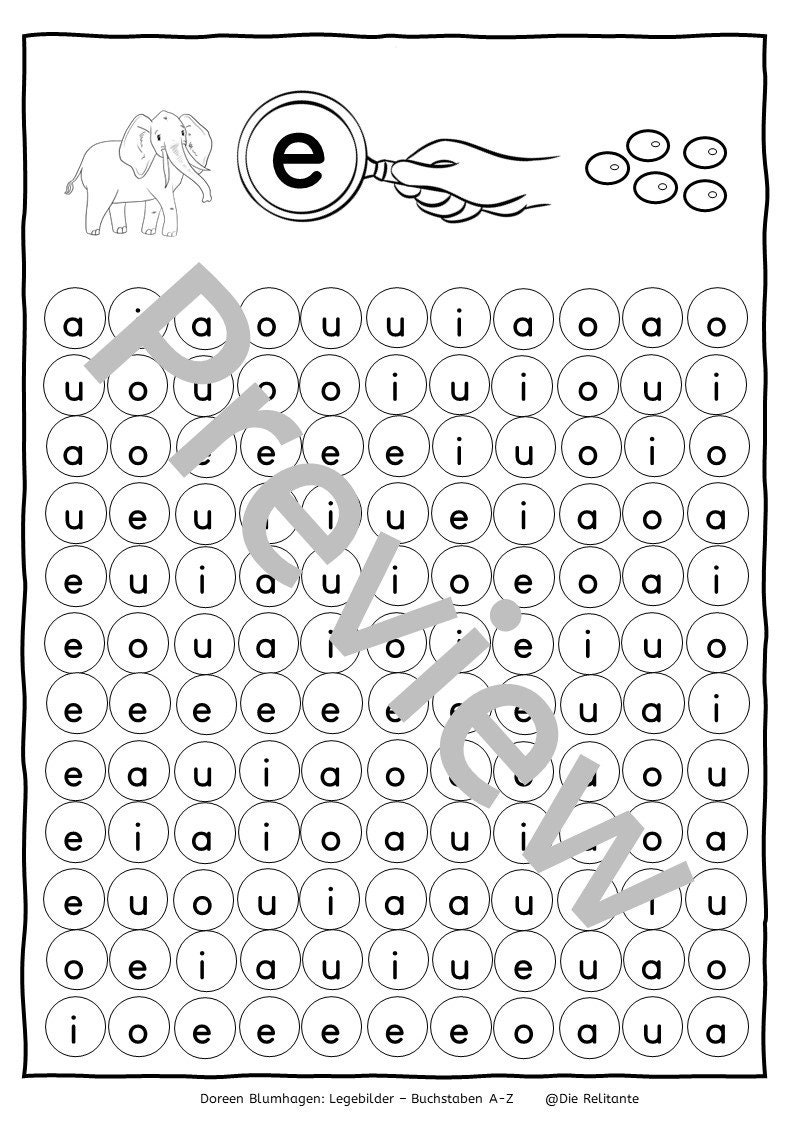 May include: Black and white illustration of an elephant, a magnifying glass with the letter 'e' inside, and a grid of circles with the letters 'a', 'e', 'i', 'o', and 'u' inside. The text 'Doreen Blumhagen: Legebilder - Buchstaben A-Z @Die Relitante' is at the bottom of the image.