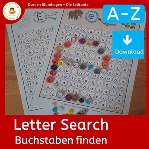 Digitaler Download für ein Lernspiel zum Suchen und Erkennen von Buchstaben. Vorlage ausdrucken und Buchstaben mit Muggelsteinen oder Knöpfen abdecken. Zur Selbstkontrolle ist der gesuchte Buchstabe sichtbar.