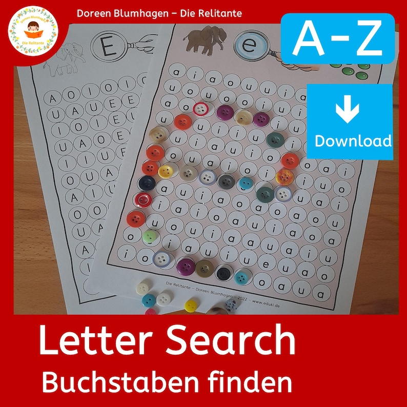 Digitaler Download für ein Lernspiel zum Suchen und Erkennen von Buchstaben. Vorlage ausdrucken und Buchstaben mit Muggelsteinen oder Knöpfen abdecken. Zur Selbstkontrolle ist der gesuchte Buchstabe sichtbar.