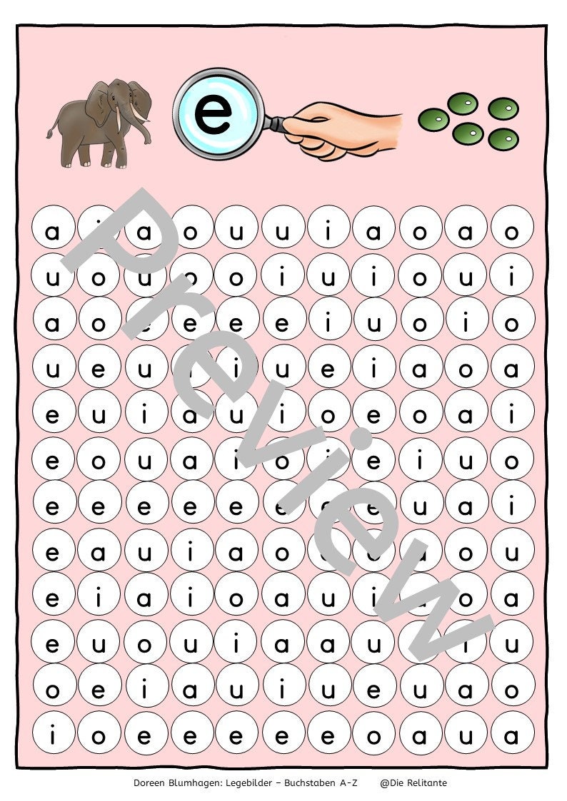 May include: A pink and white alphabet puzzle with a magnifying glass, an elephant, and green beans. The letter 'e' is highlighted in the magnifying glass. The puzzle has a grid of circles with the letters 'a', 'e', 'i', 'o', and 'u' in each circle.