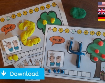 Zahlen 1 - 10 Knetmatten Play Dough - Mengen / Ziffern im Zahlenraum 10 für Kindergarten, Vorschule & Klasse 1 (Download, Deutsch, Englisch)