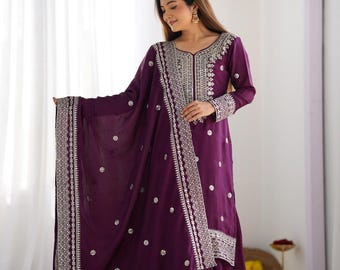 Chinnon Silk With Heavy Embroidery Sequence Work Top-Plazo And Dupatta Set With Fully Stitched