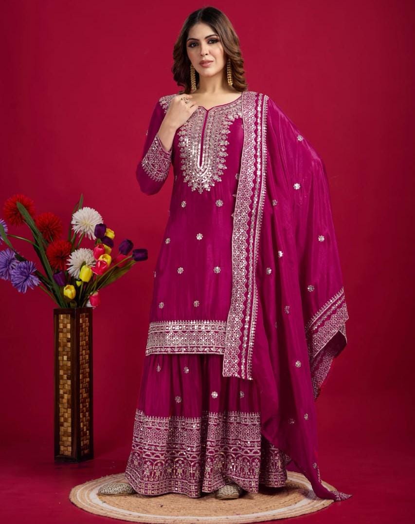 Presenting New Chinnon Silk With Heavy Embroidery Sequence Work Top-Plazo And Dupatta Set With Fully Stitched Ready To Wear Collection