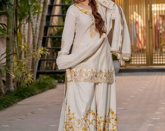 New Designer Party Wear Look Top-Sharara and Dupatta With Heavy Embroidery Work