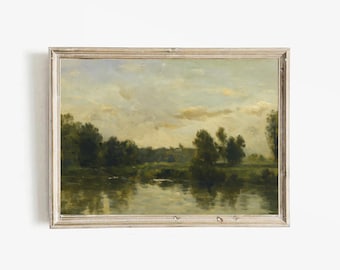 Vintage River Landscape Print Serene Countryside Painting Rustic Wall Art for Living Room Decor