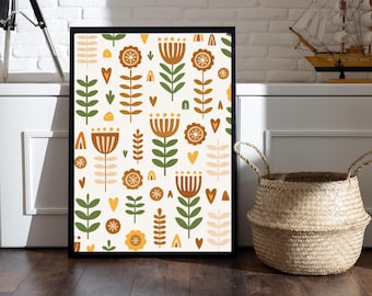 Scandinavian Folk Art Floral Pattern Swedish Art  Print Scandi Digital Nordic Boho