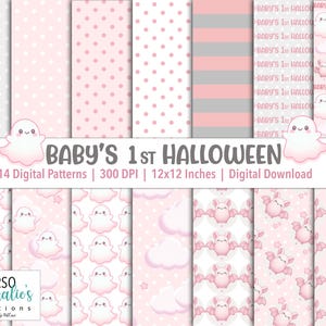 Puede incluir: Un conjunto de 14 patrones de papel digital con un esquema de color rosa y blanco con lindas ilustraciones de fantasmas y murciélagos. Los patrones son perfectos para crear manualidades, invitaciones y otros proyectos con temática de Halloween.