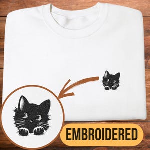 Curious Black Cat Sweatshirt, Embroidered Kitten In A Hole Design, Minimalist Cat Lover Crewneck