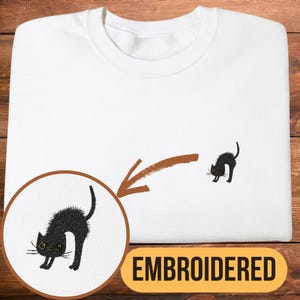 Minimalist Fluffy Black Cat Embroidered Sweatshirt, Arched Back Silly Cute Design, Left Chest Embroidery