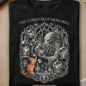 Curator of Memories shirt, Eldritch Cat Tee, Cosmic Fantasy T-shirt, Orange Tabby Gift, Dark Academia Book Lover Shirt