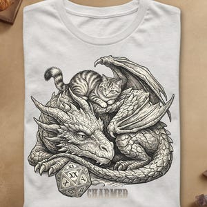 Può includere: Una t-shirt bianca con un'illustrazione a linee bianche e nere di un gatto soriano che riposa sopra un grande drago squamato. Un dado a venti facce con numeri romani è posizionato davanti al drago e la parola CHARMED è stampata sotto.