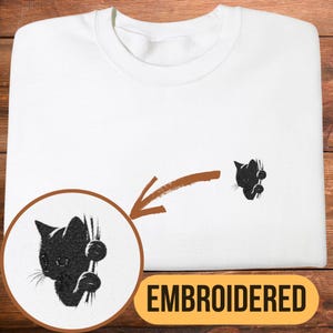 Black Cat Embroidered Sweatshirt, Brave Kitten Pocket Design, Minimalist Cozy Crewneck