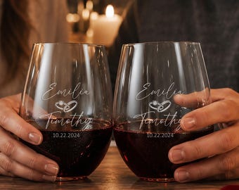 Personalized Engraved Stemless Wine Glass Set, Custom Couple Wine Glasses, Anniversary Gift for Couples, Wedding Gift, Engagement Gift