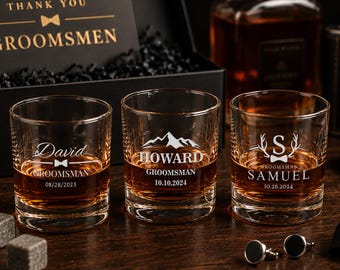 Personalized Groomsmen Whiskey Glass Gift Set, Engraved Bourbon Glass, Custom Groomsman Proposal Gift, Best Man Scotch Glass