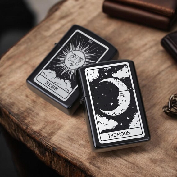 Custom Tarot Card Lighter, Gothic Lighter, Tarot Accessories, Engraved Tarot Lighter, Tarot Gift, The Lovers, Sun and Moon, Major Arcana