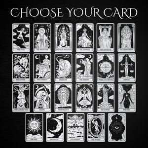 May include: Black and white tarot card deck illustration featuring all 22 Major Arcana cards. The cards are arranged in a grid with the card name printed below each card.