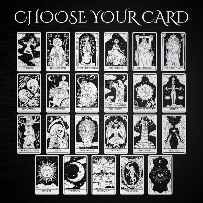 May include: Black and white tarot card deck illustration featuring all 22 Major Arcana cards. The cards are arranged in a grid with the card name printed below each card.