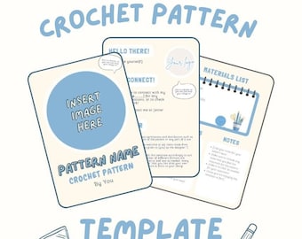 May include: A template for a crochet pattern with a blue circle for an image, a materials list, and notes. The template is easy to edit and includes the text "CROCHET PATTERN" and "TEMPLATE EASY TO EDIT!"