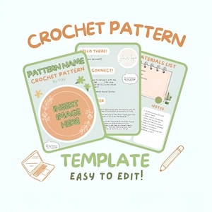 Può includere: Un modello di schema di uncinetto con uno sfondo blu chiaro, accenti verdi e marroni e uno spazio per inserire un'immagine. Il testo "CROCHET PATTERN" è in grandi lettere arancioni nella parte superiore della pagina. Il testo "TEMPLATE EASY TO EDIT!" è nella parte inferiore della pagina.