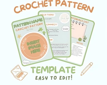 May include: A crochet pattern template with a light blue background, green and brown accents, and a place to insert an image. The text "CROCHET PATTERN" is in large, orange letters at the top of the page. The text "TEMPLATE EASY TO EDIT!" is at the bottom of the page.